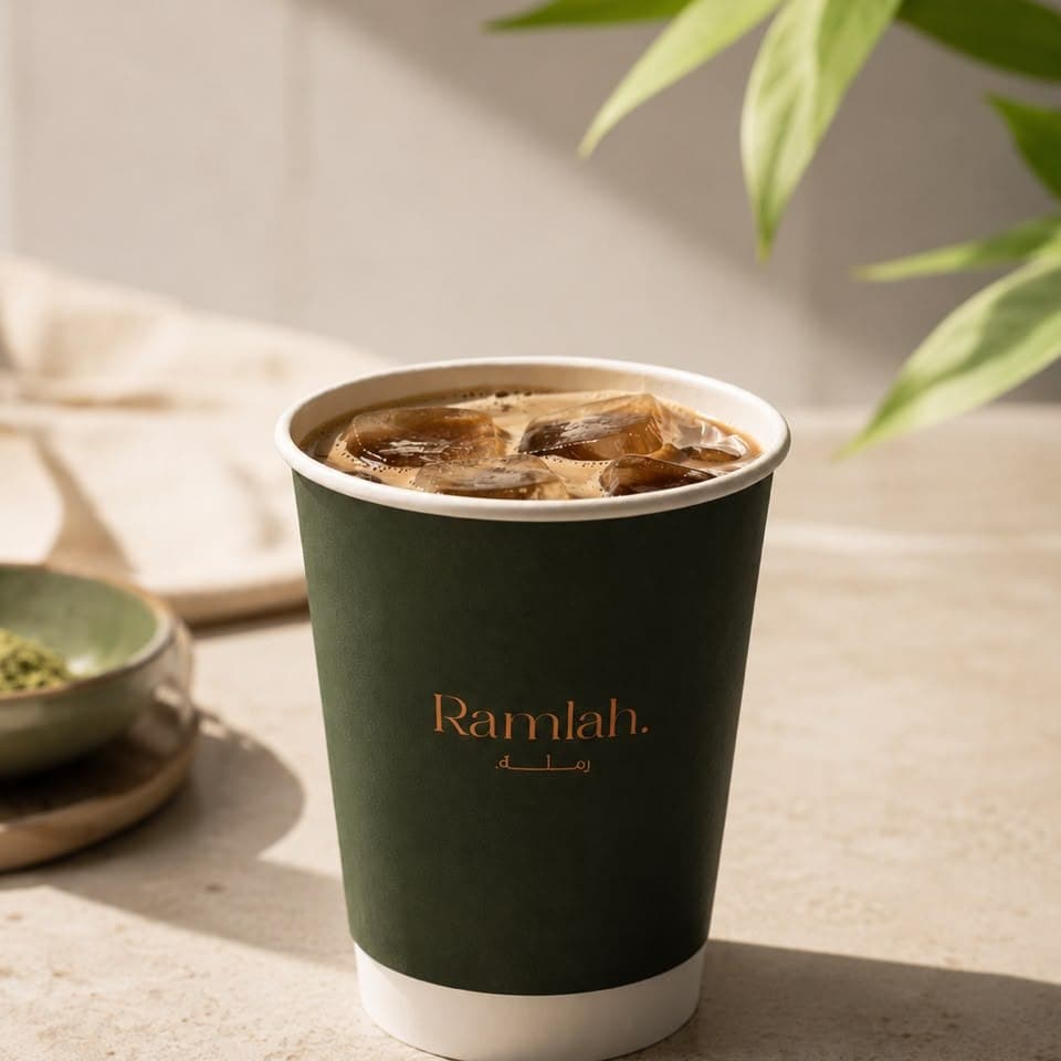 RAMLAH iced coffee cup in warm natural light